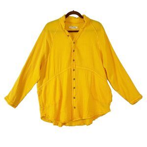 We The Free Summer Daydream Button Up Top Sz L Yellow‎ Gauzy Fray Relaxed Boho
